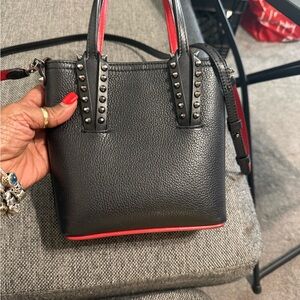 Christian Louboutin Black Pebbled Leather Crossbody with Red Trim and Studs